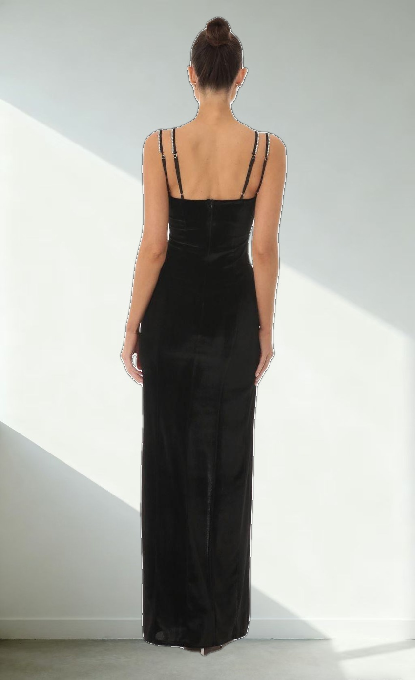 Rhinestone Bust Velvet Maxi Dress in Black