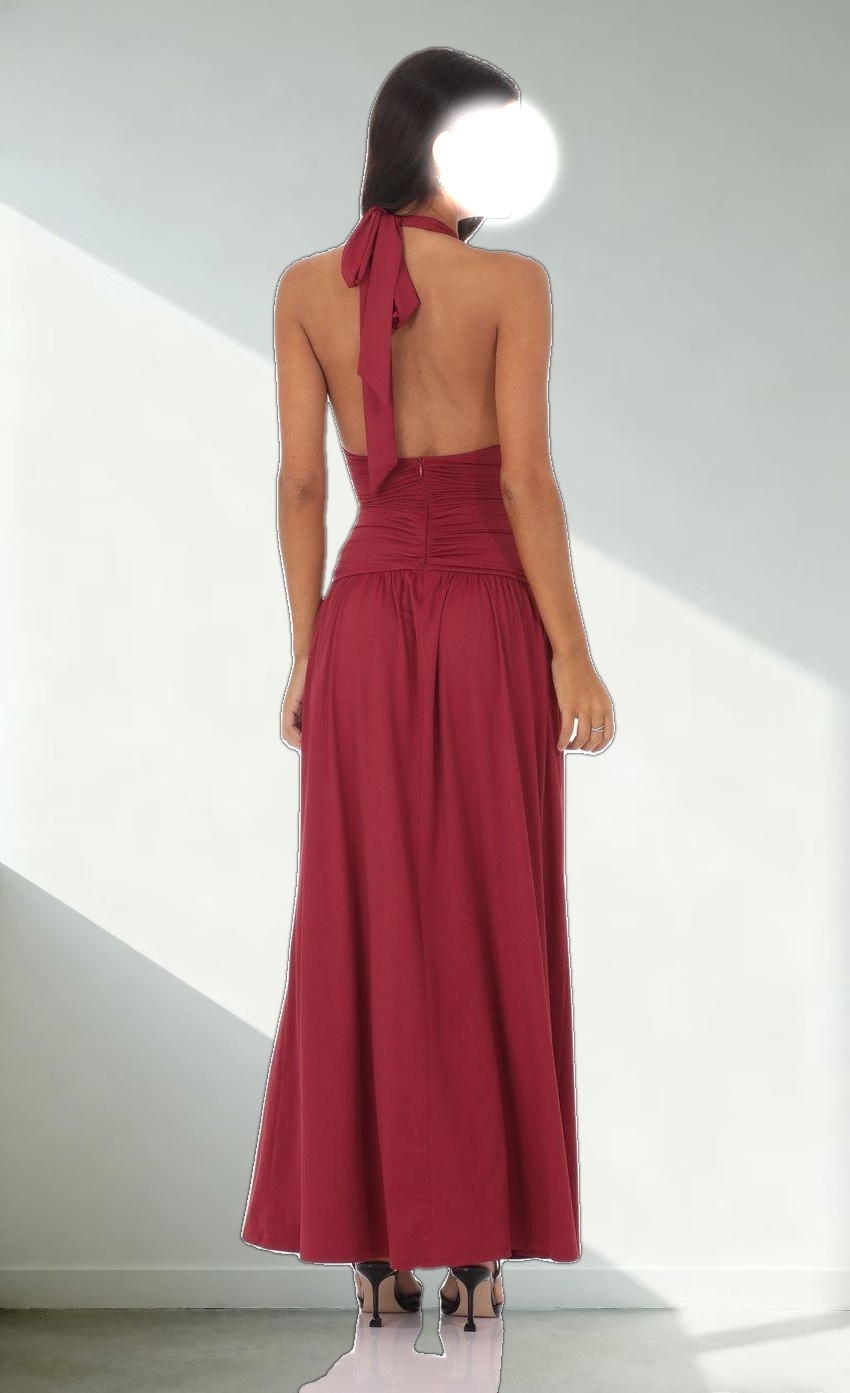 Halter Ruched Cinched Maxi Dress in Maroon