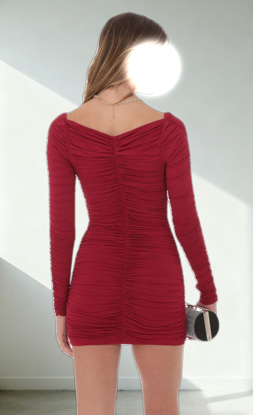 Ruched Long Sleeve Bodycon Dress in Maroon