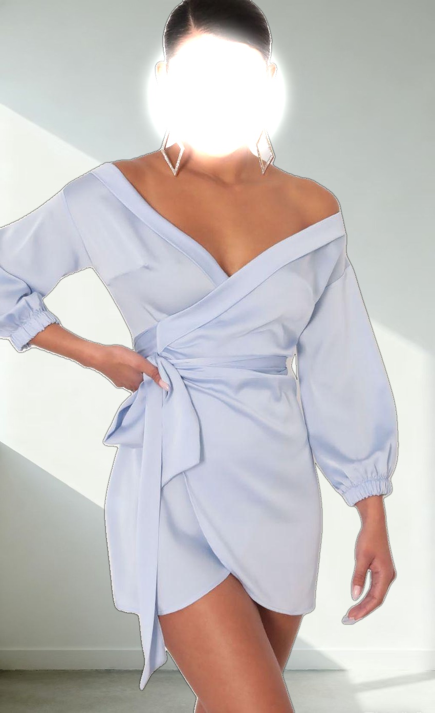 Lorella Off Shoulder Wrap Dress in Dusty Blue