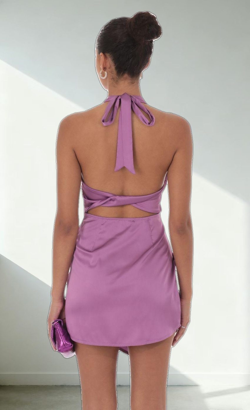 Satin Halter High Neck Dress in Purple