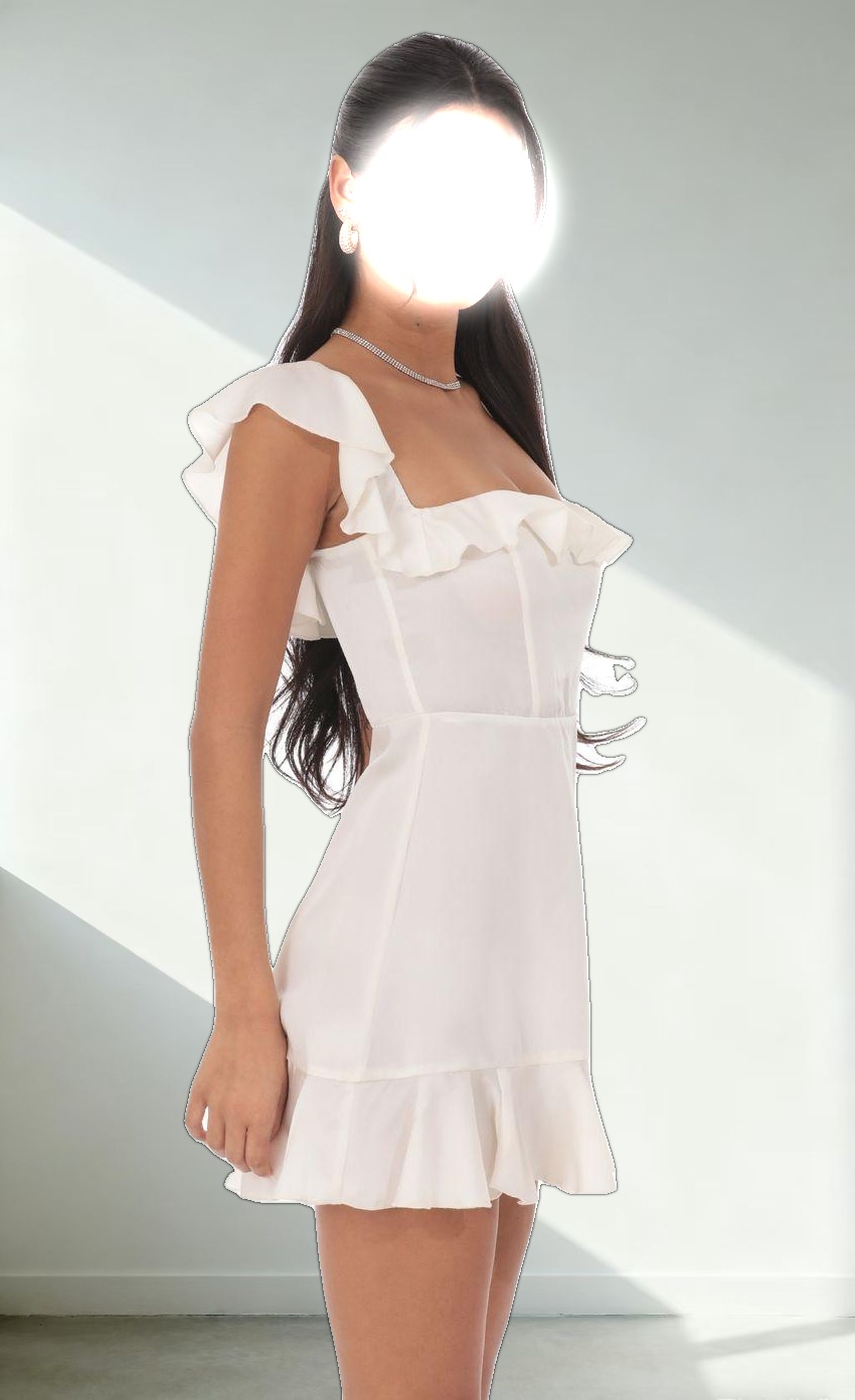 Satin Ruffle Mini Dress in Ivory