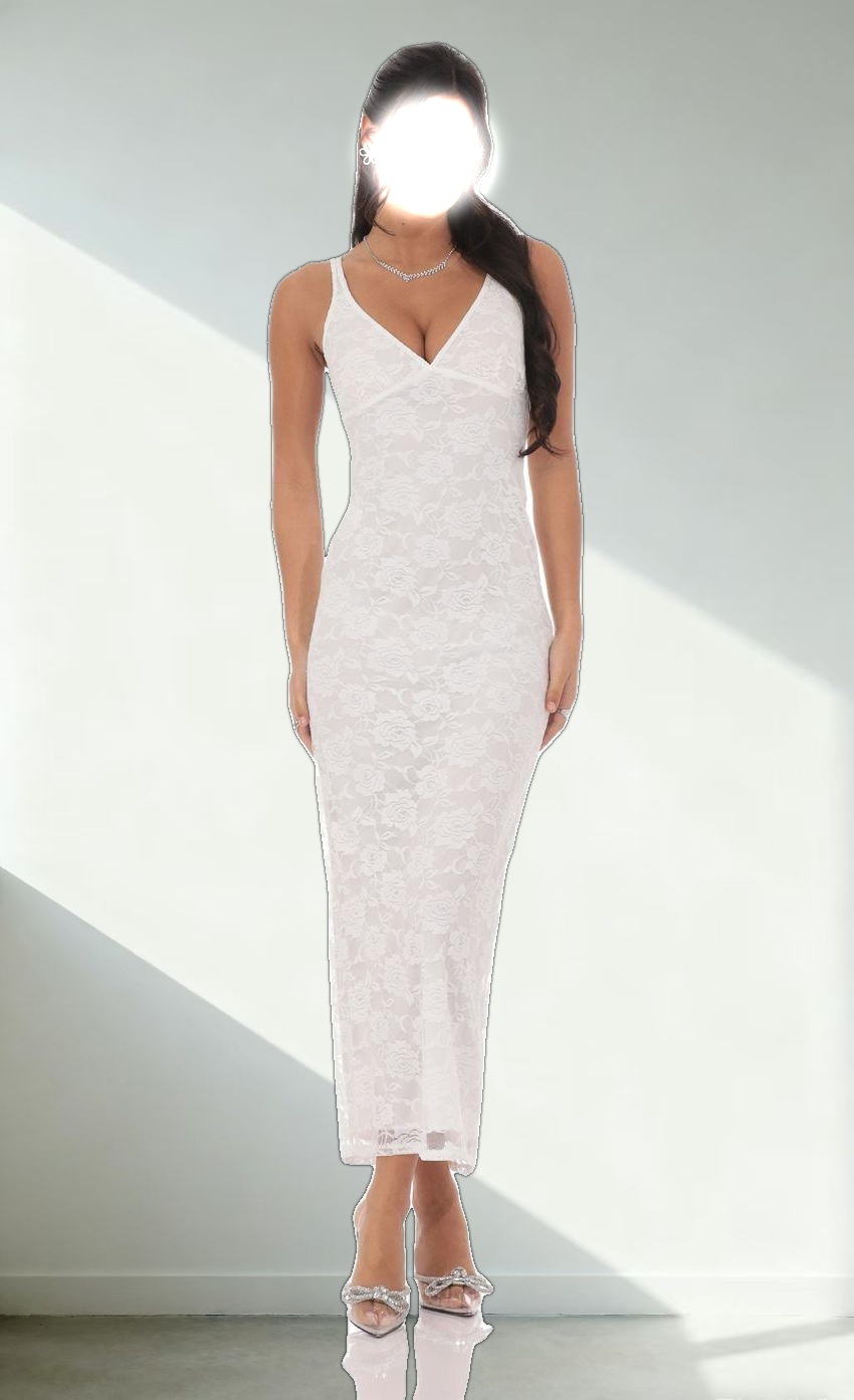 Lace Open Back Bodycon Maxi Dress in White