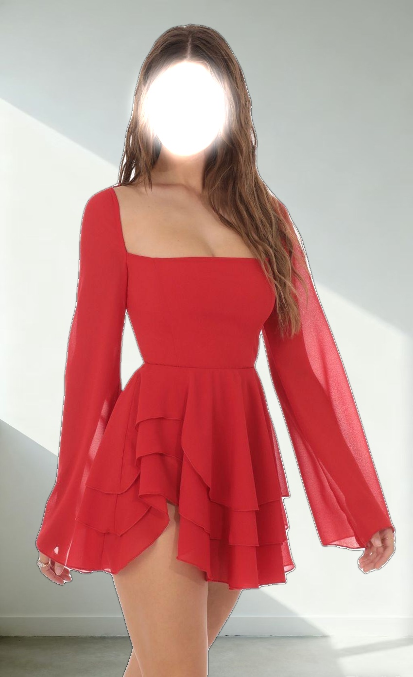 Chiffon Bell Sleeve Dress in Red