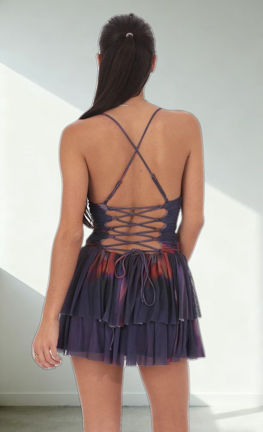 Swirl Mesh Tiered Dress in Purple