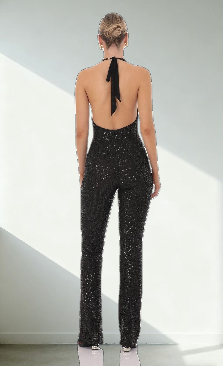 Sequin Halter Jumpsuit in Black