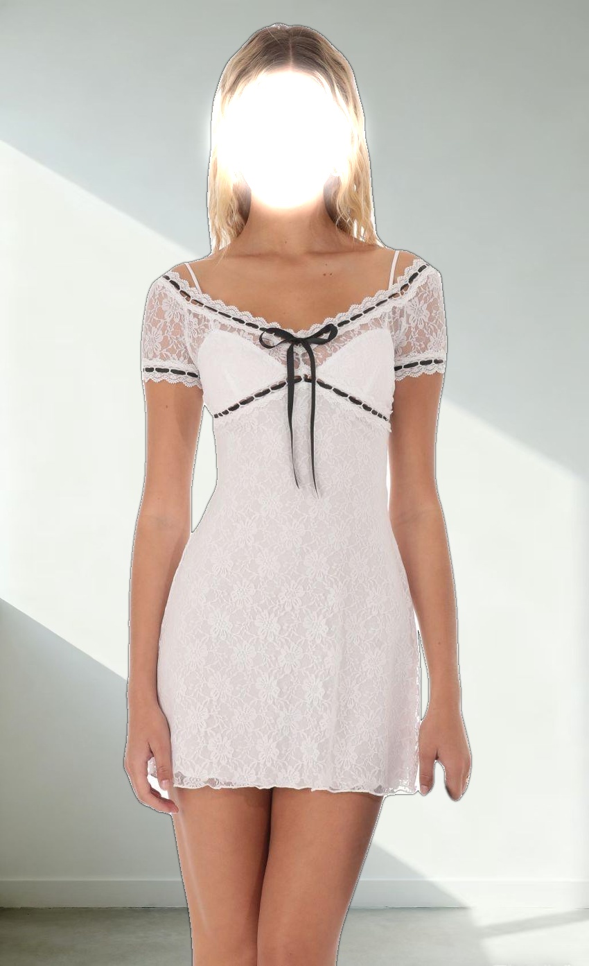 Black Ribbon Lace Dress in White
