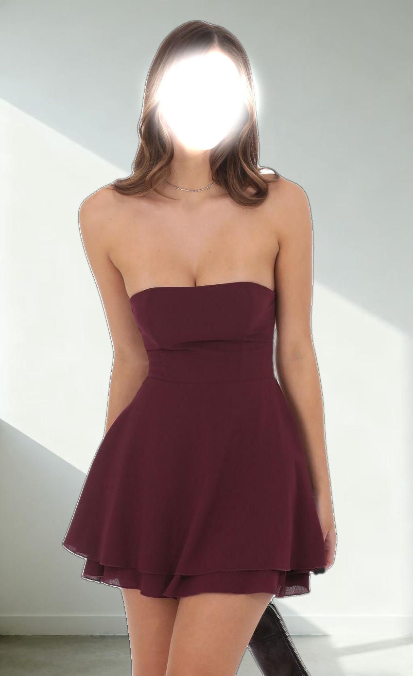 Strapless Back Tie A-line Dress in Burgundy