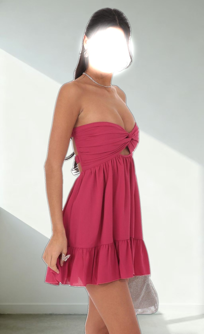 Cutout Strapless Babydoll Dress in Magenta