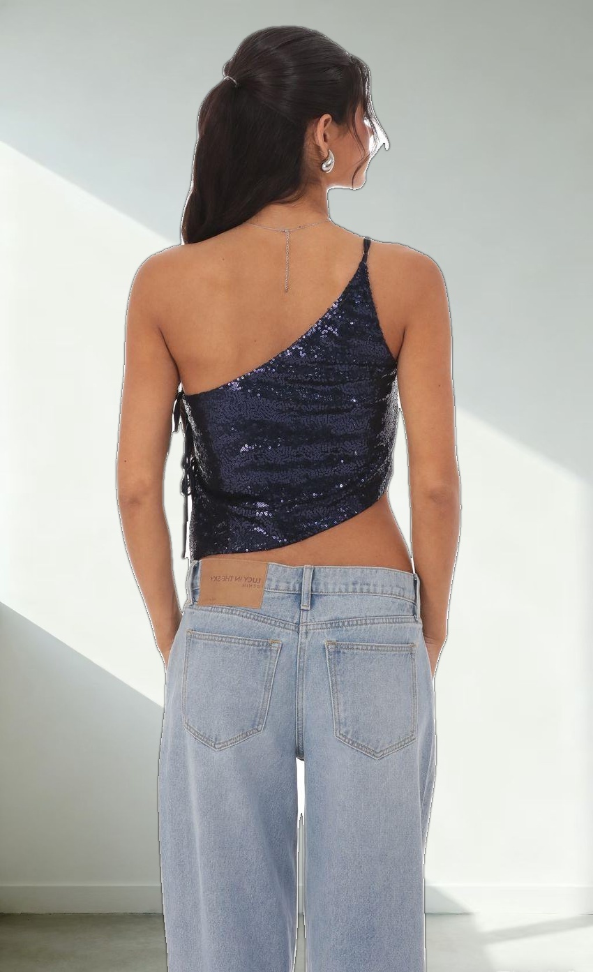 Sequin One Shoulder Tie Top in Navy