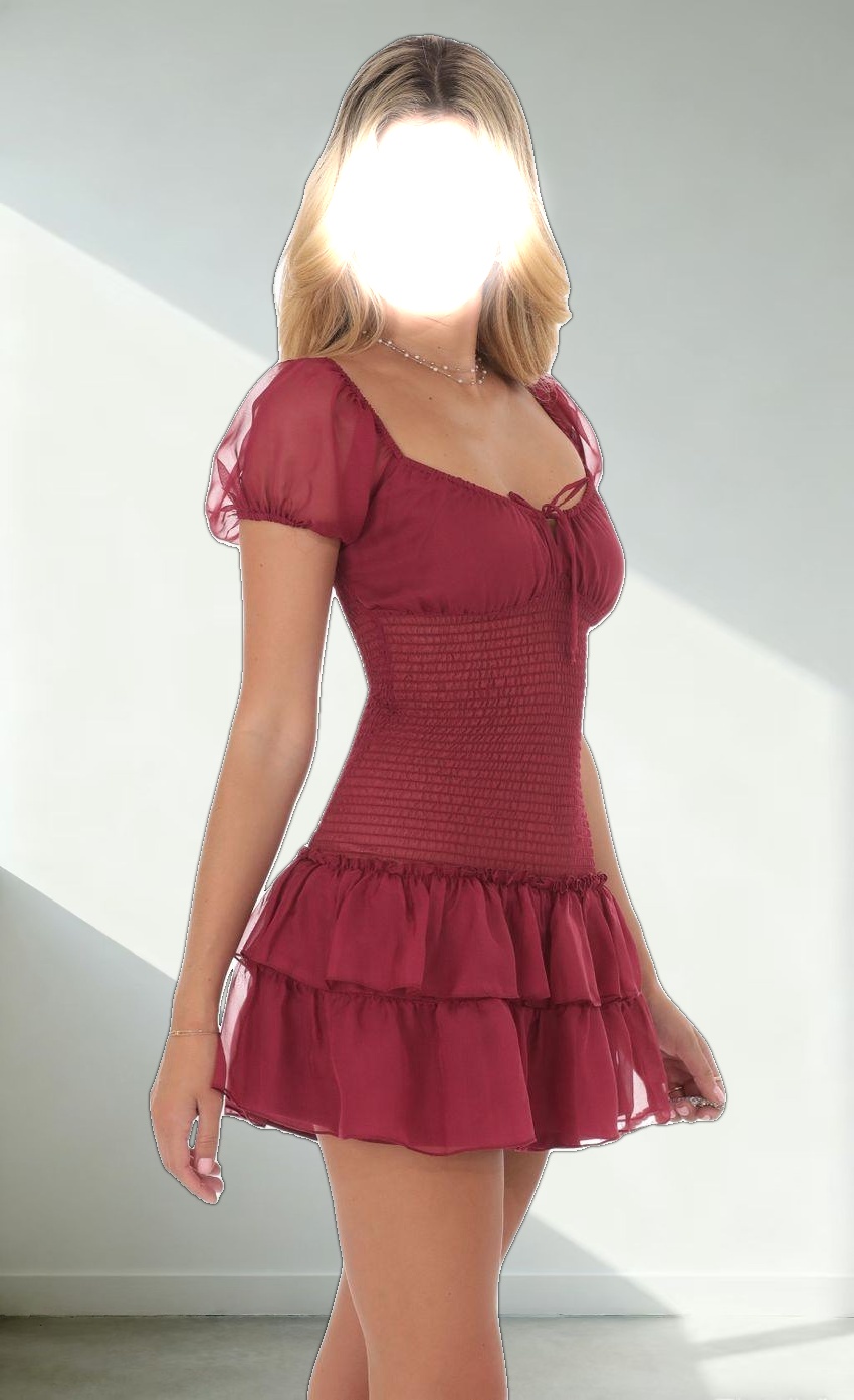 Smocked Ruffle Dress in Maroon