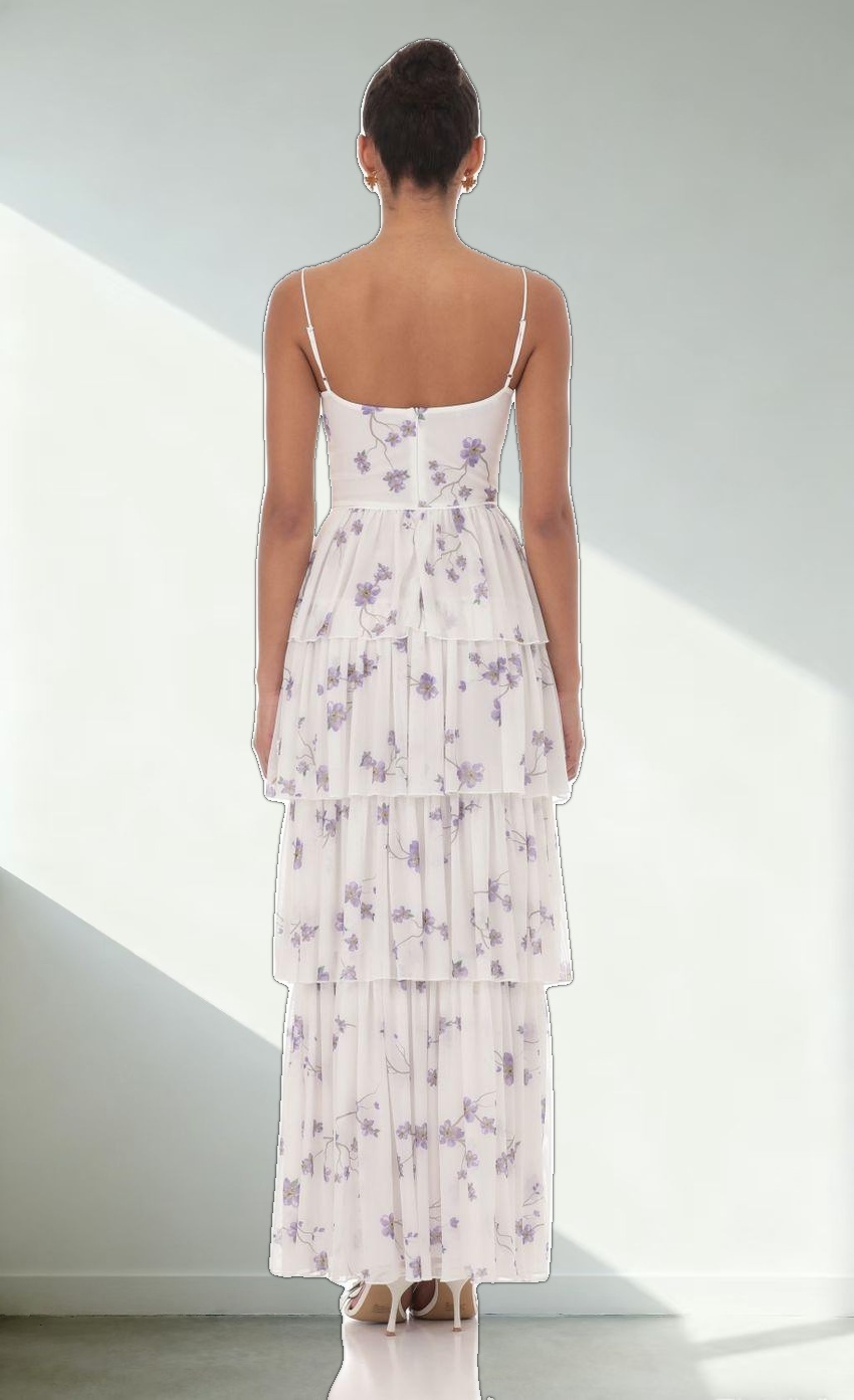 Floral Mesh Ruffle Maxi Dress in White