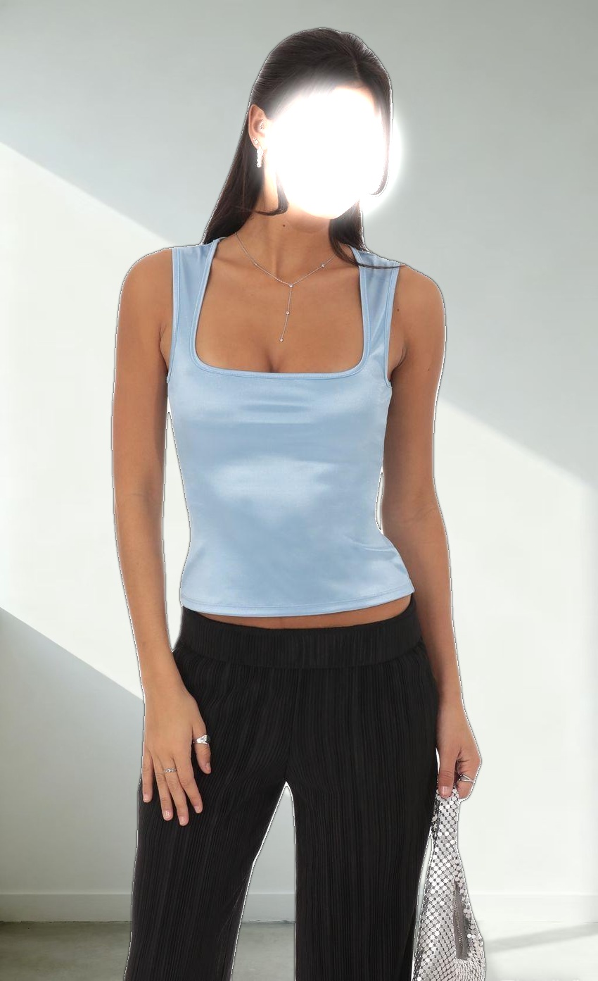 Satin Square Neck Top in Sky Blue
