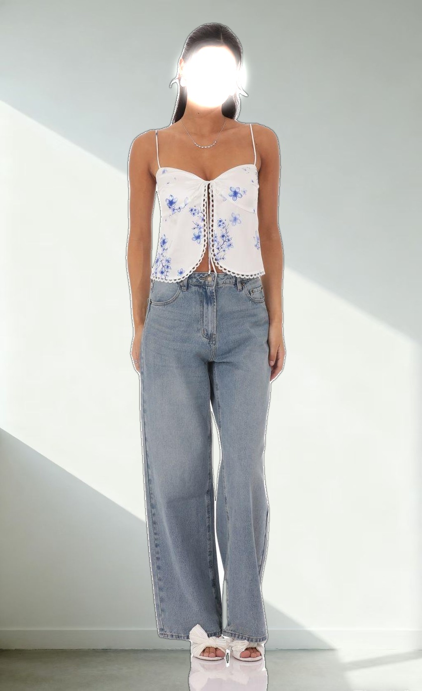 Satin Floral Front Tie Top in White