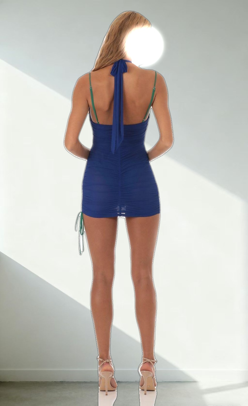 Mesh Two Toned Wrap Halter Dress in Green and Blue