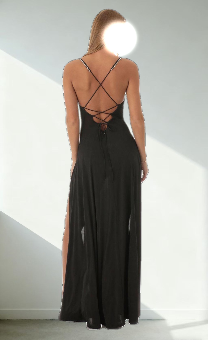 Rhinestone Slit Maxi Dress in Black