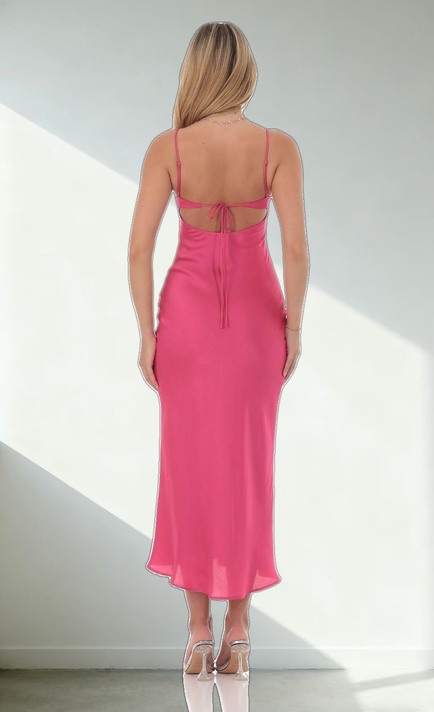 Satin Open Back Midi Dress in Hot Pink