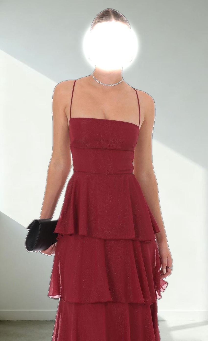 Shimmer Crinkle Maxi Dress in Maroon