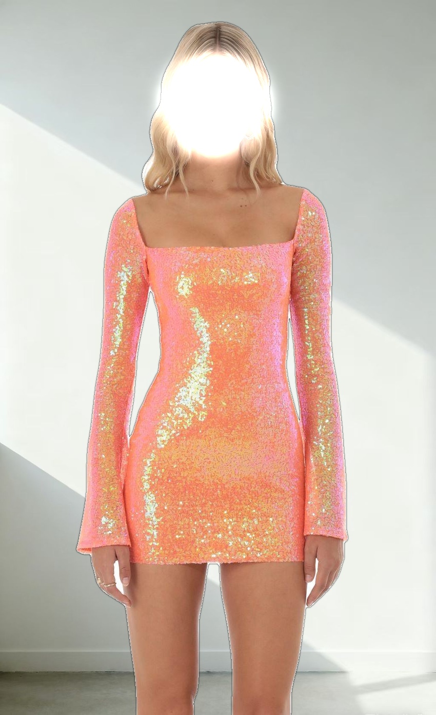 Iridescent Sequin Long Sleeve Dress in Orange