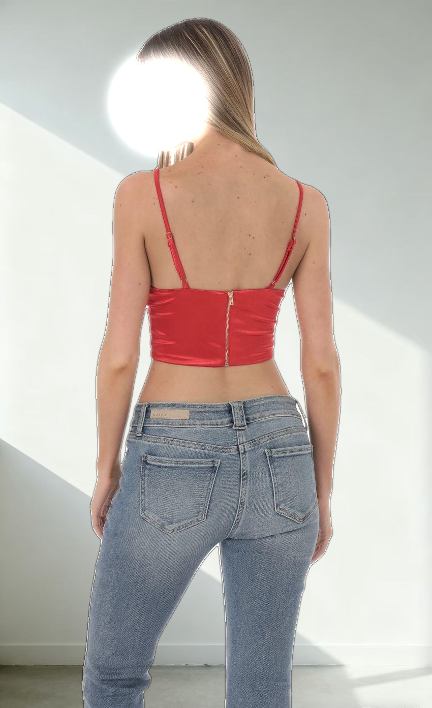 Satin V-Neck Crop Top in Red
