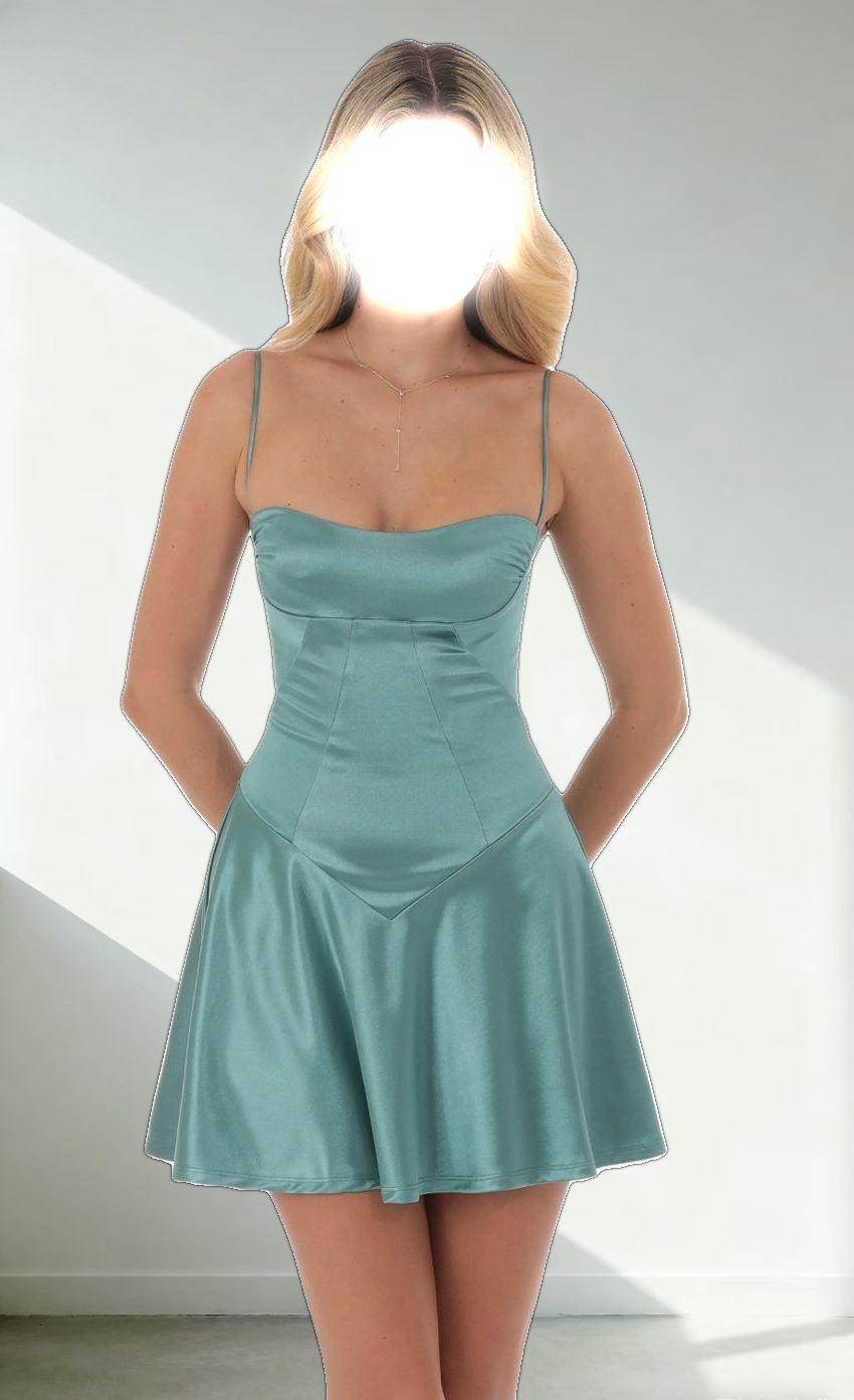 Satin V-Drop Waist Dress in Slate Green