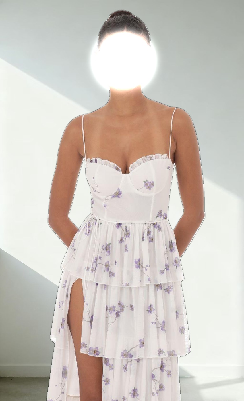 Floral Mesh Ruffle Maxi Dress in White