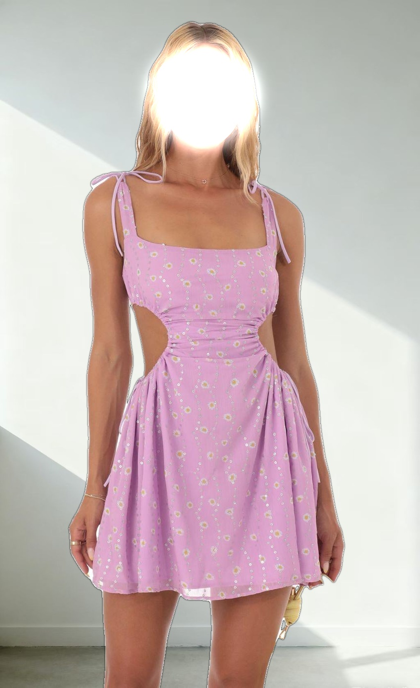 Floral Sequin Cutout Dress in Purple