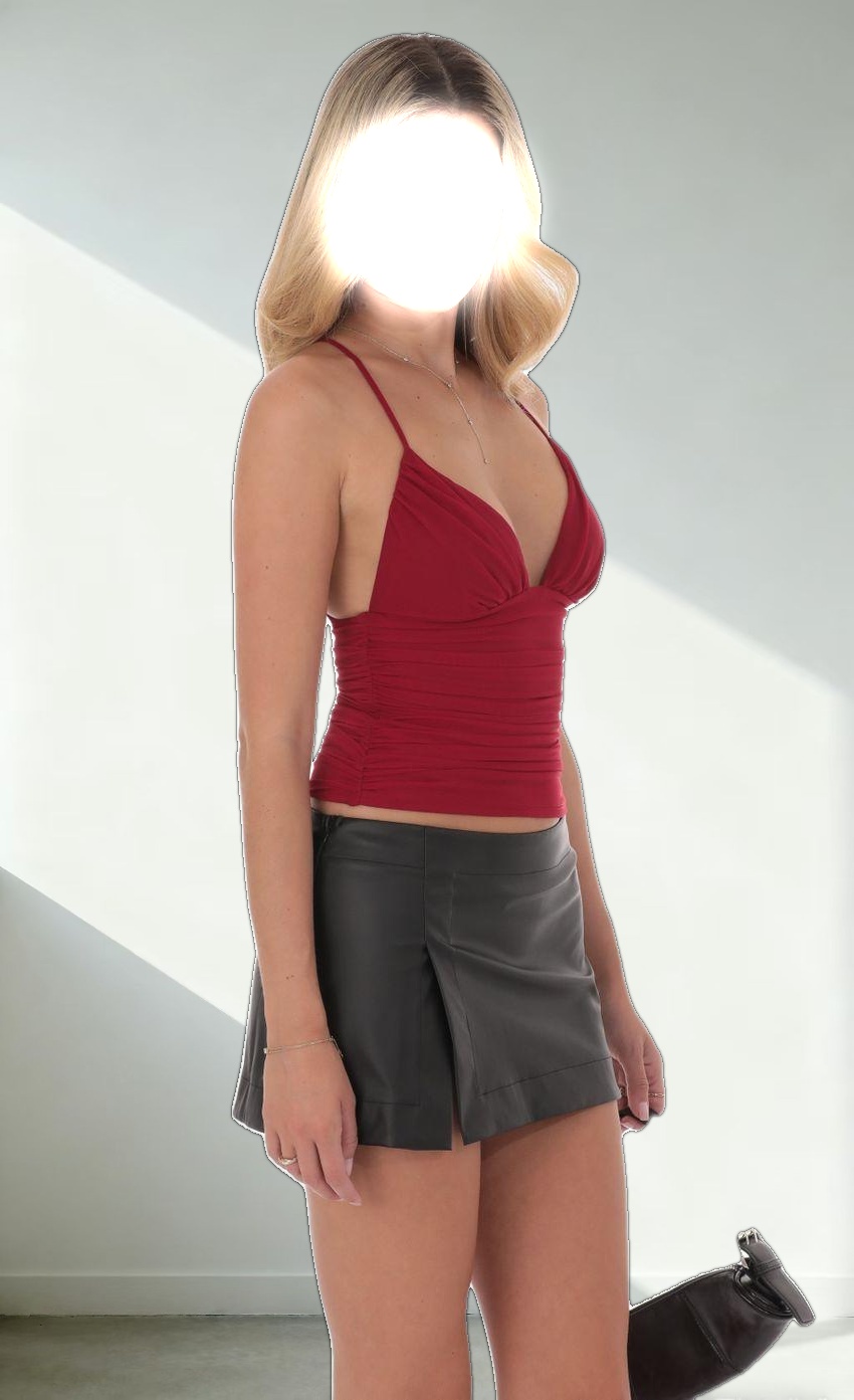 Mesh V-Neck Top in Red