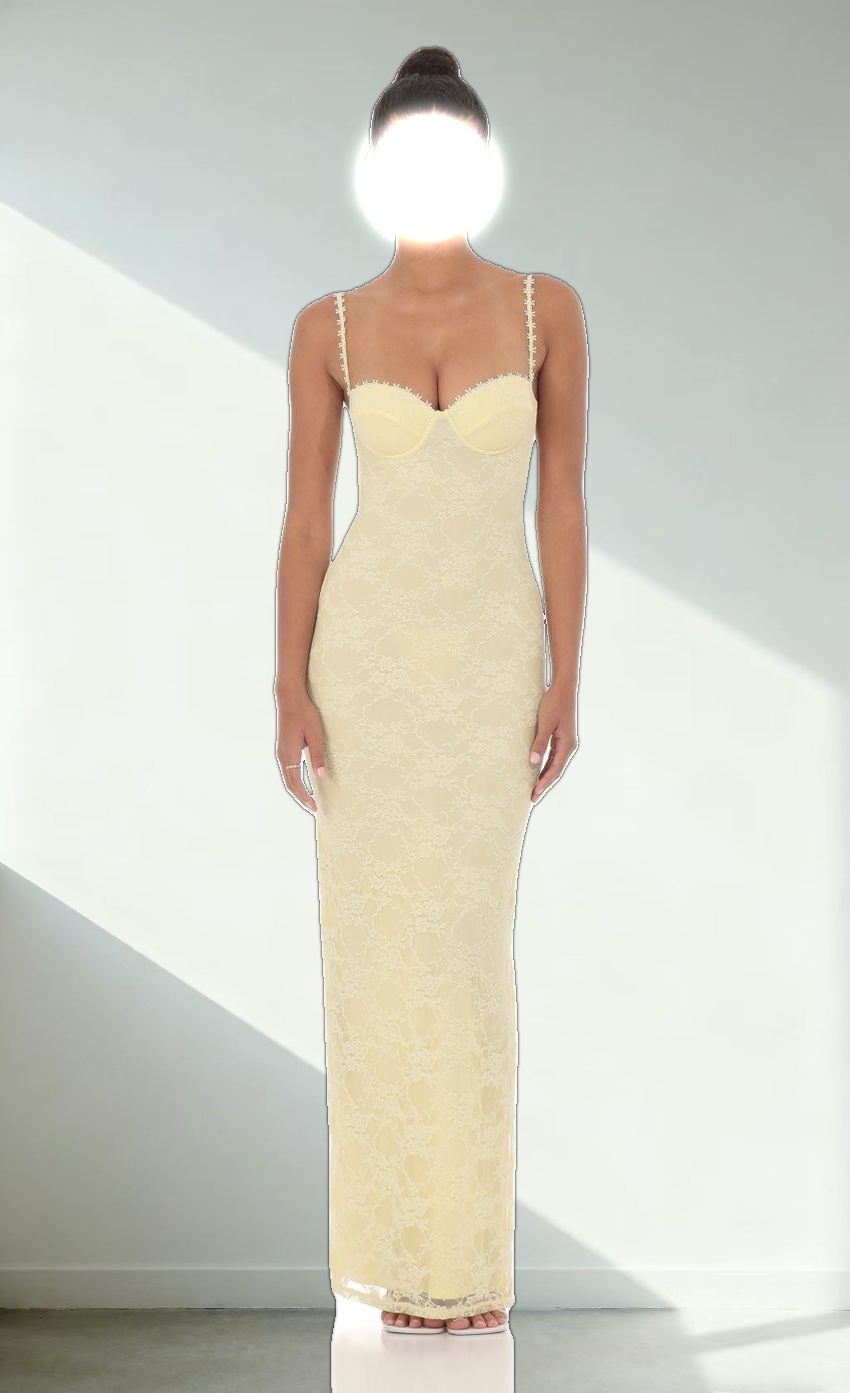 Lace Floral Trim Maxi Dress in Yellow