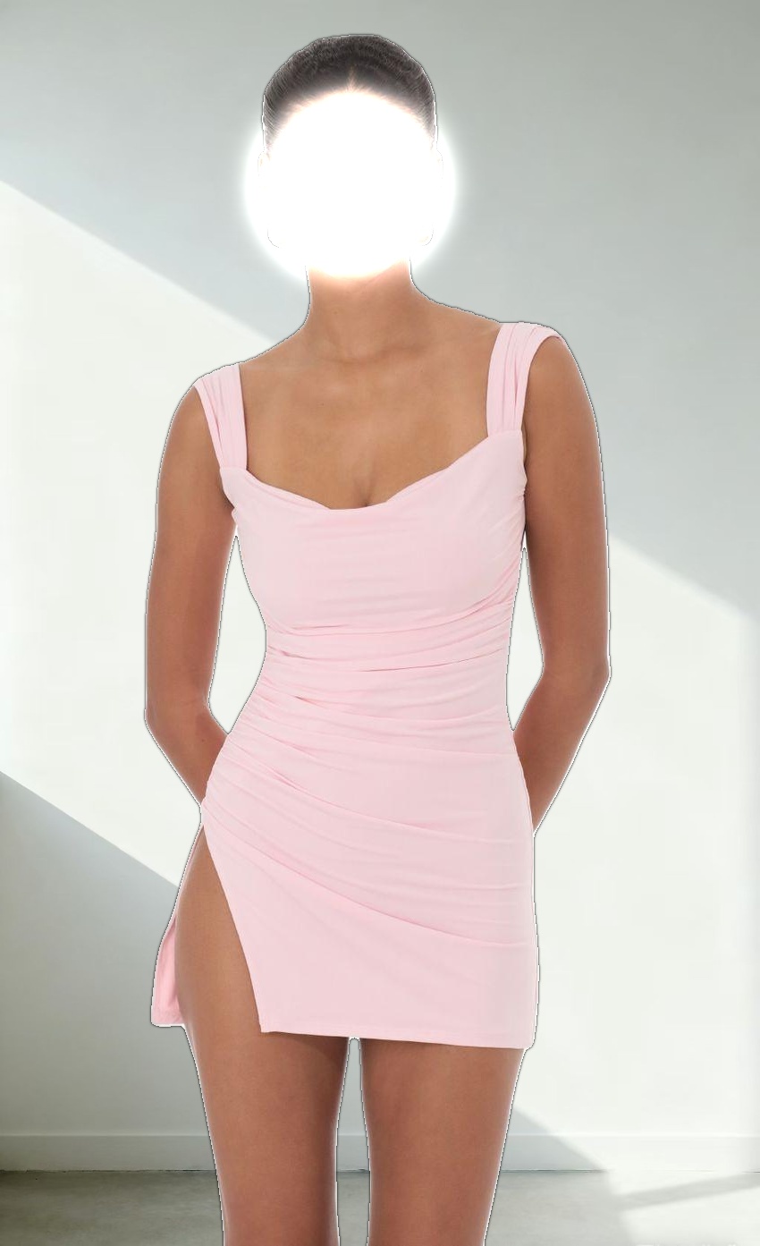 Tulle Back Bow Ruched Bodycon Dress in Pink