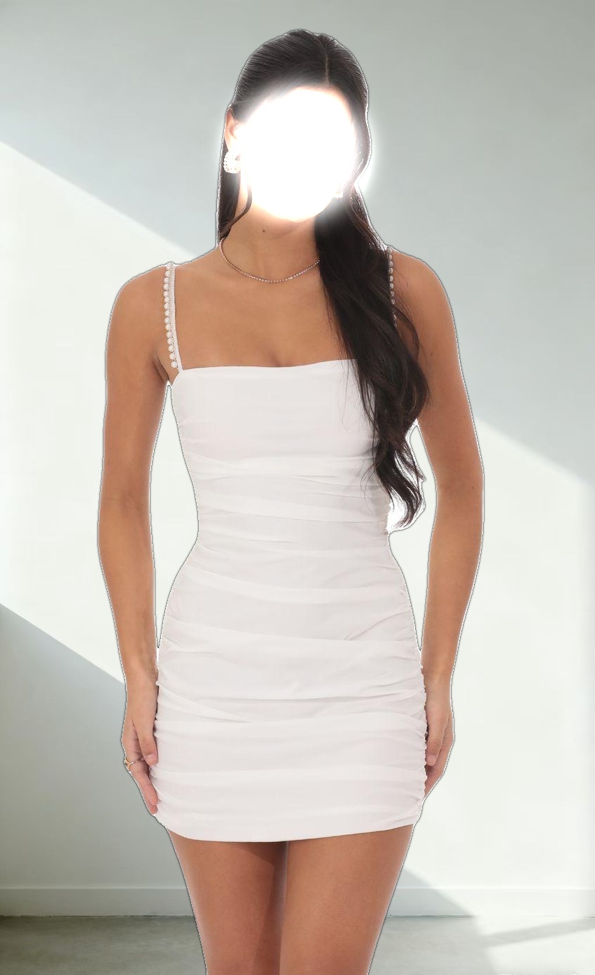 Pearl Strap Ruched Bodycon Dress in White