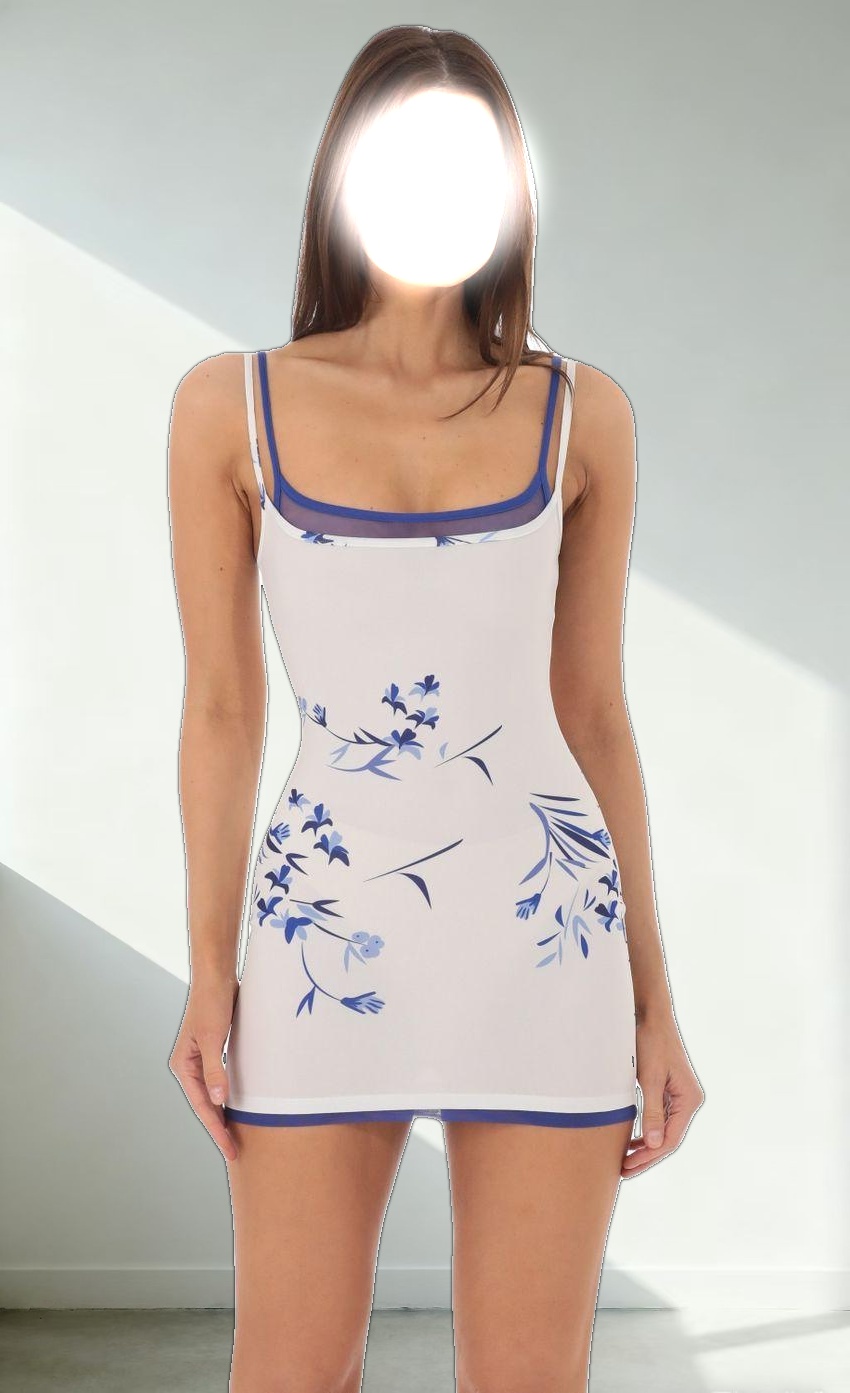 Double Strap Mesh Floral Bodycon Dress in White