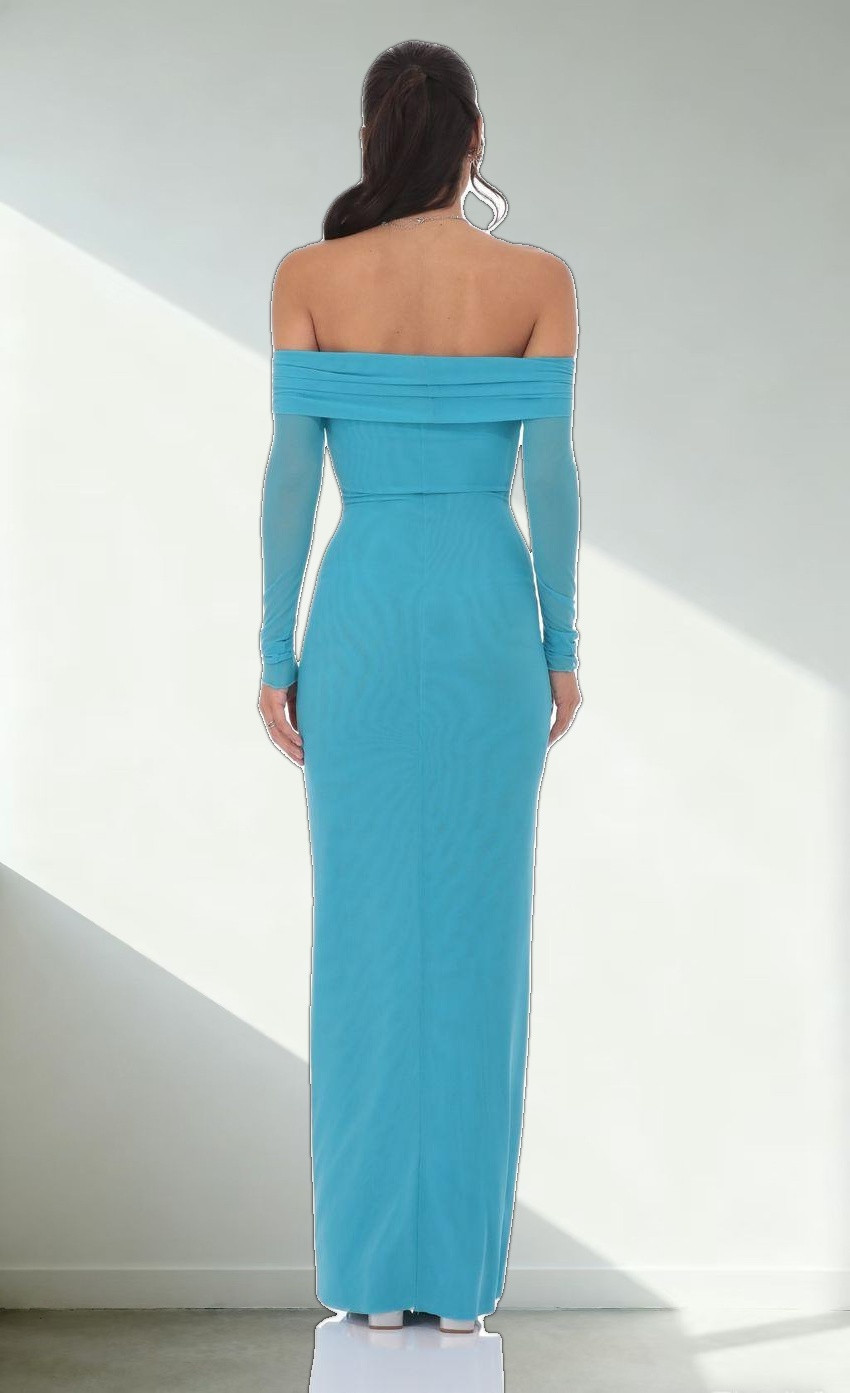 Mesh Off Shoulder Maxi Dress in Aqua Blue
