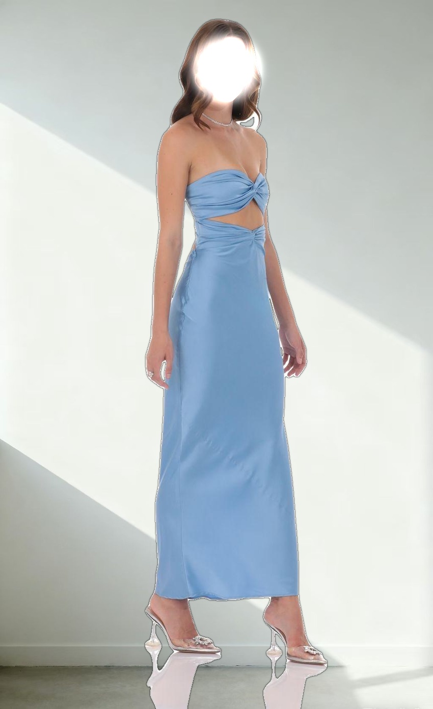 Satin Twist Cutout Maxi Dress in Light Blue