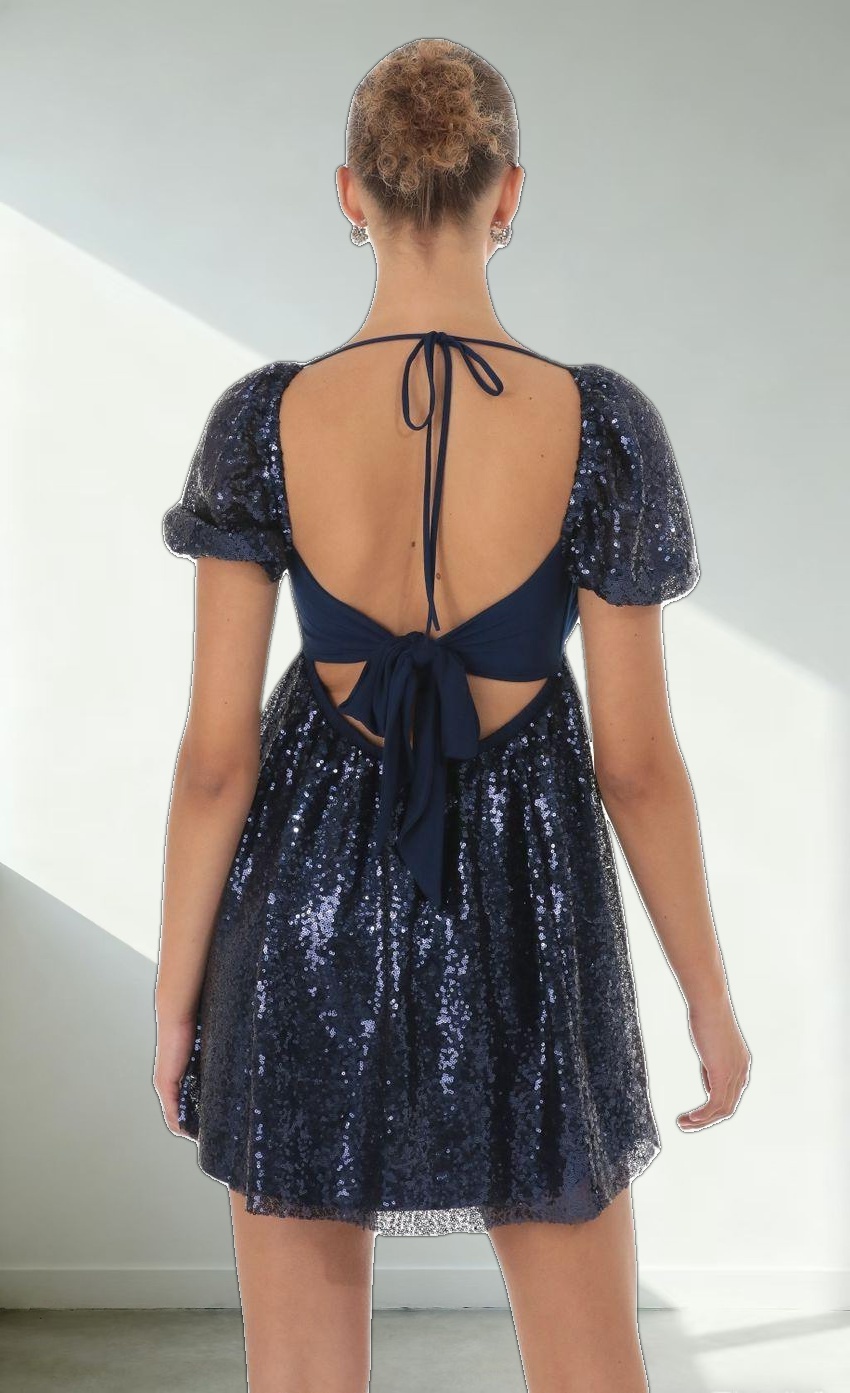 Sequin Puff Sleeve Baby Doll Dress in Navy