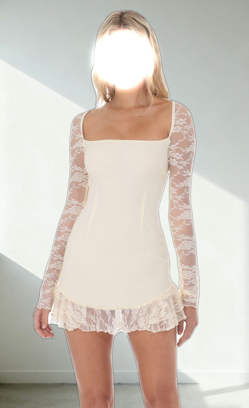 Long Lace Sleeve Ruffle Dress in Cream