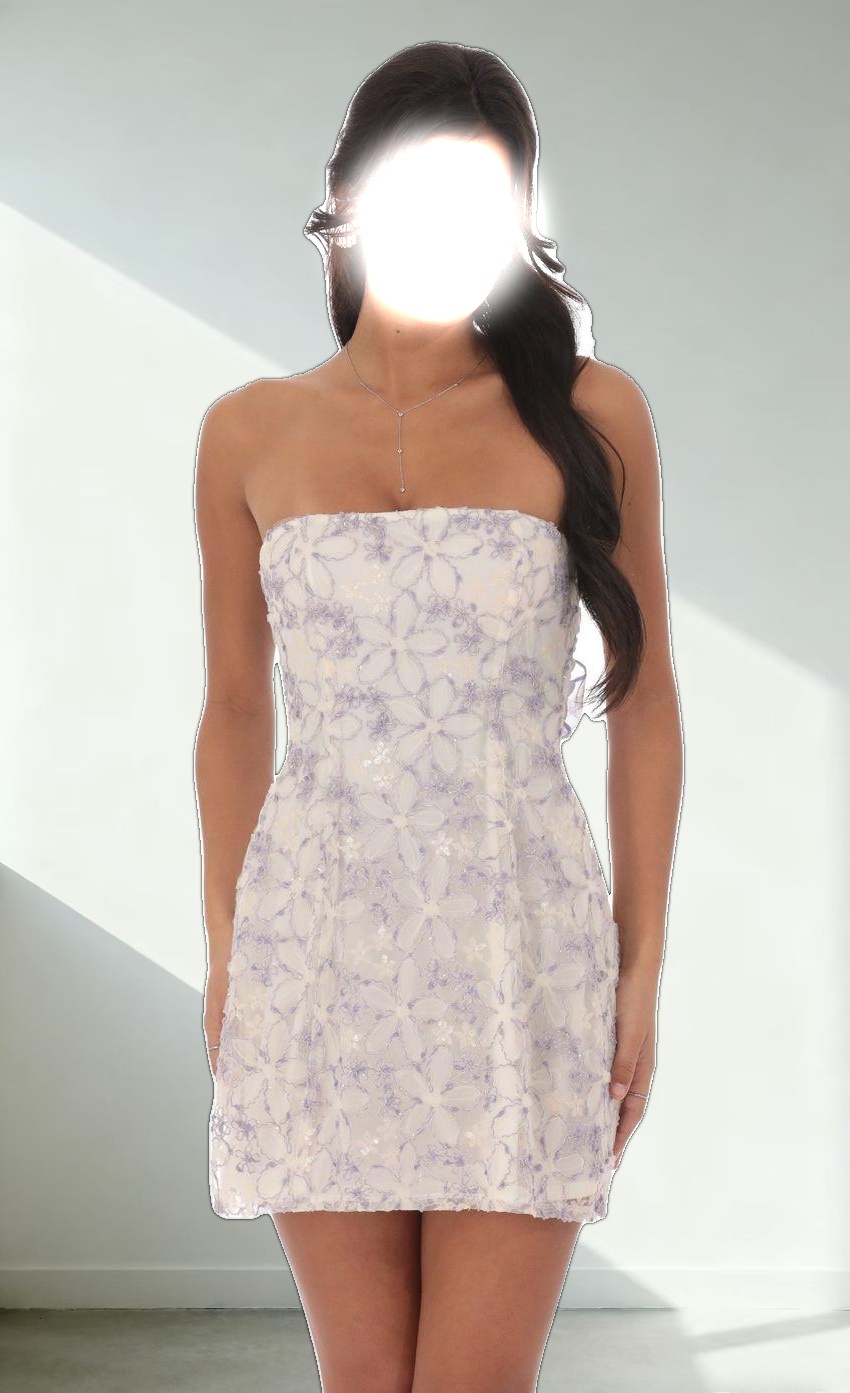 Floral Sequin Strapless Fit and Flare Dress in Lilac