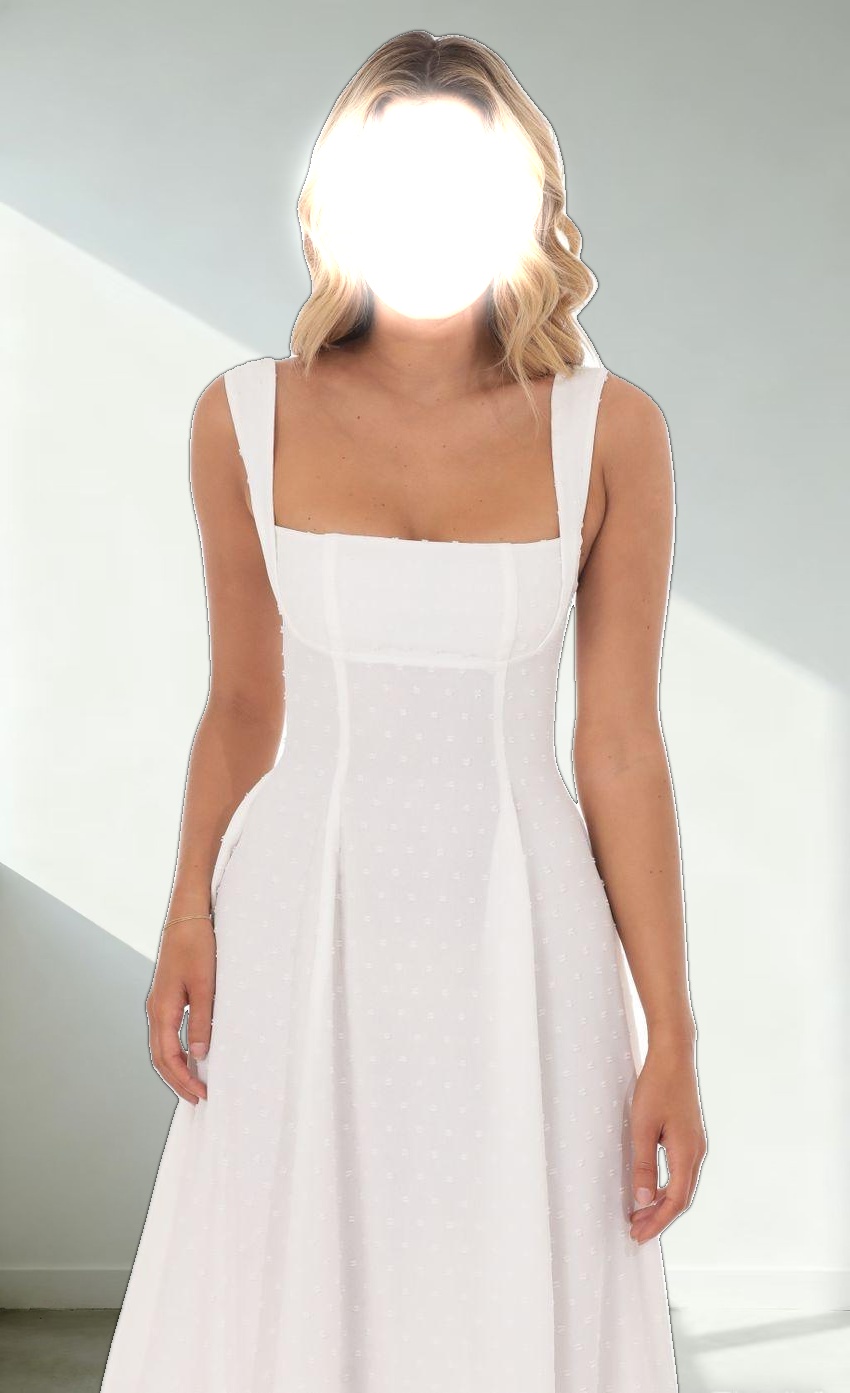 Dotted Square Neck Flare Midi Dress in White