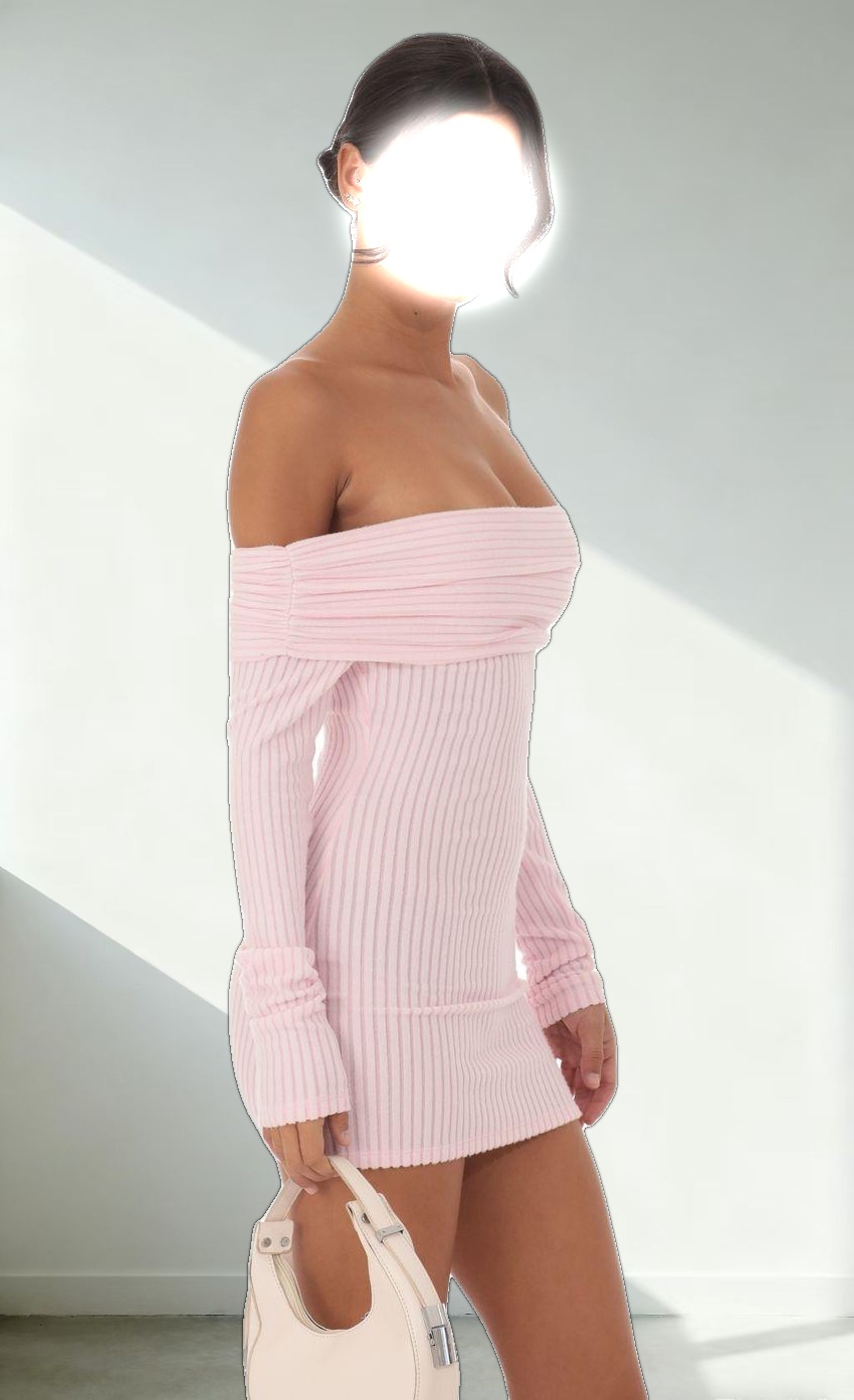 Ribbed Off Shoulder Open Back Dress in Pink
