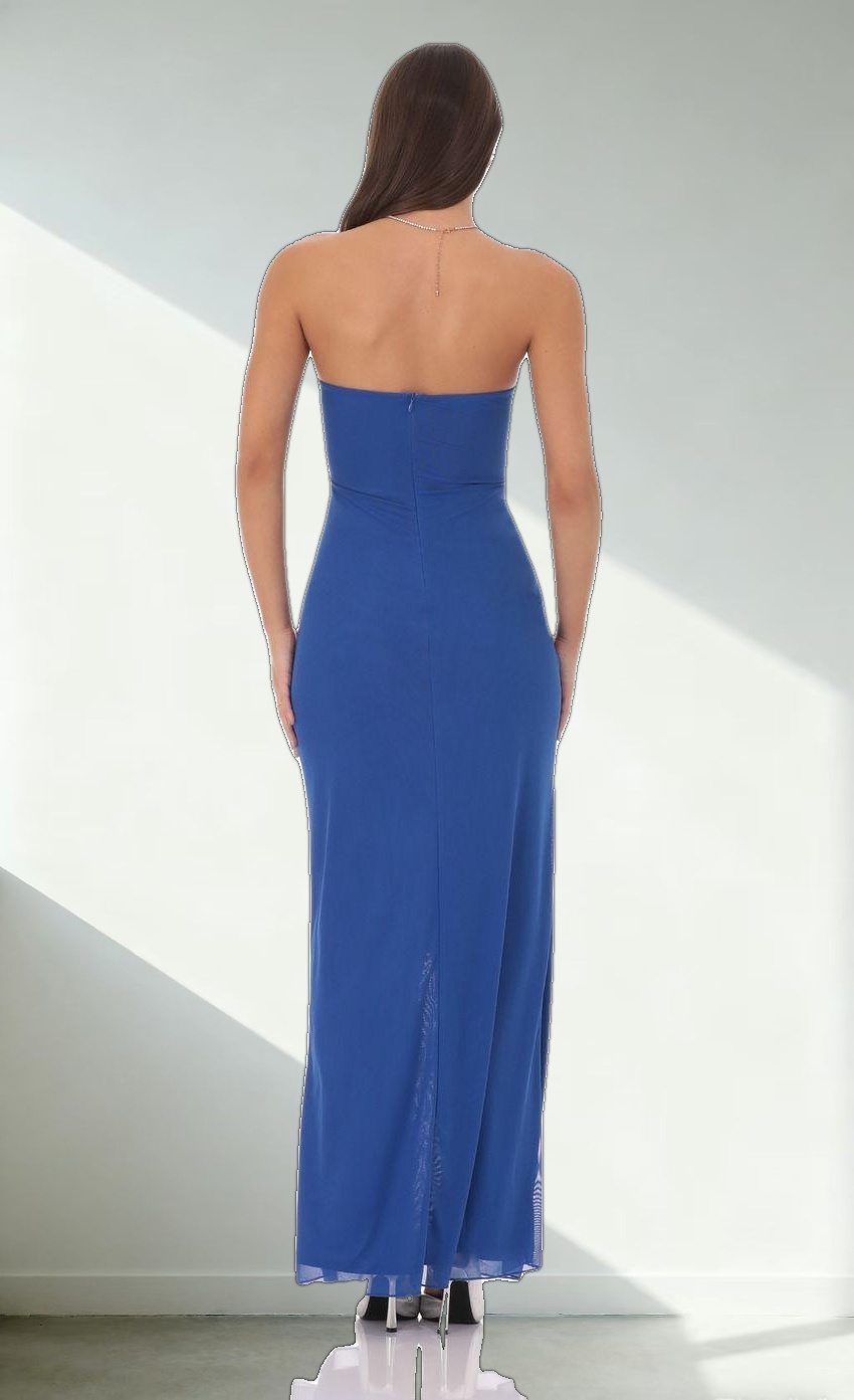 Mesh Cutout Ruffle Maxi Dress in Blue