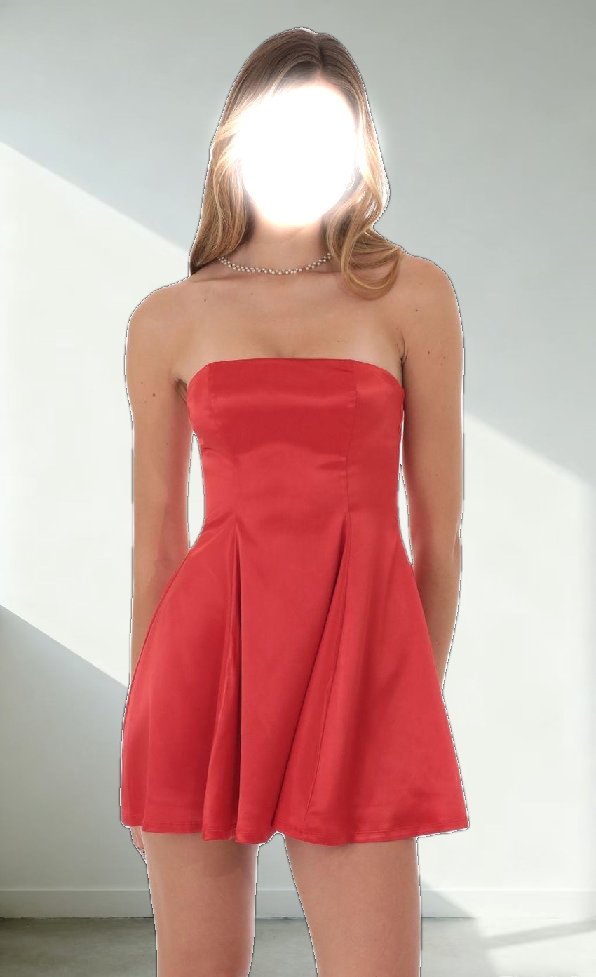 Strapless Satin Fit and Flare Dress in Red