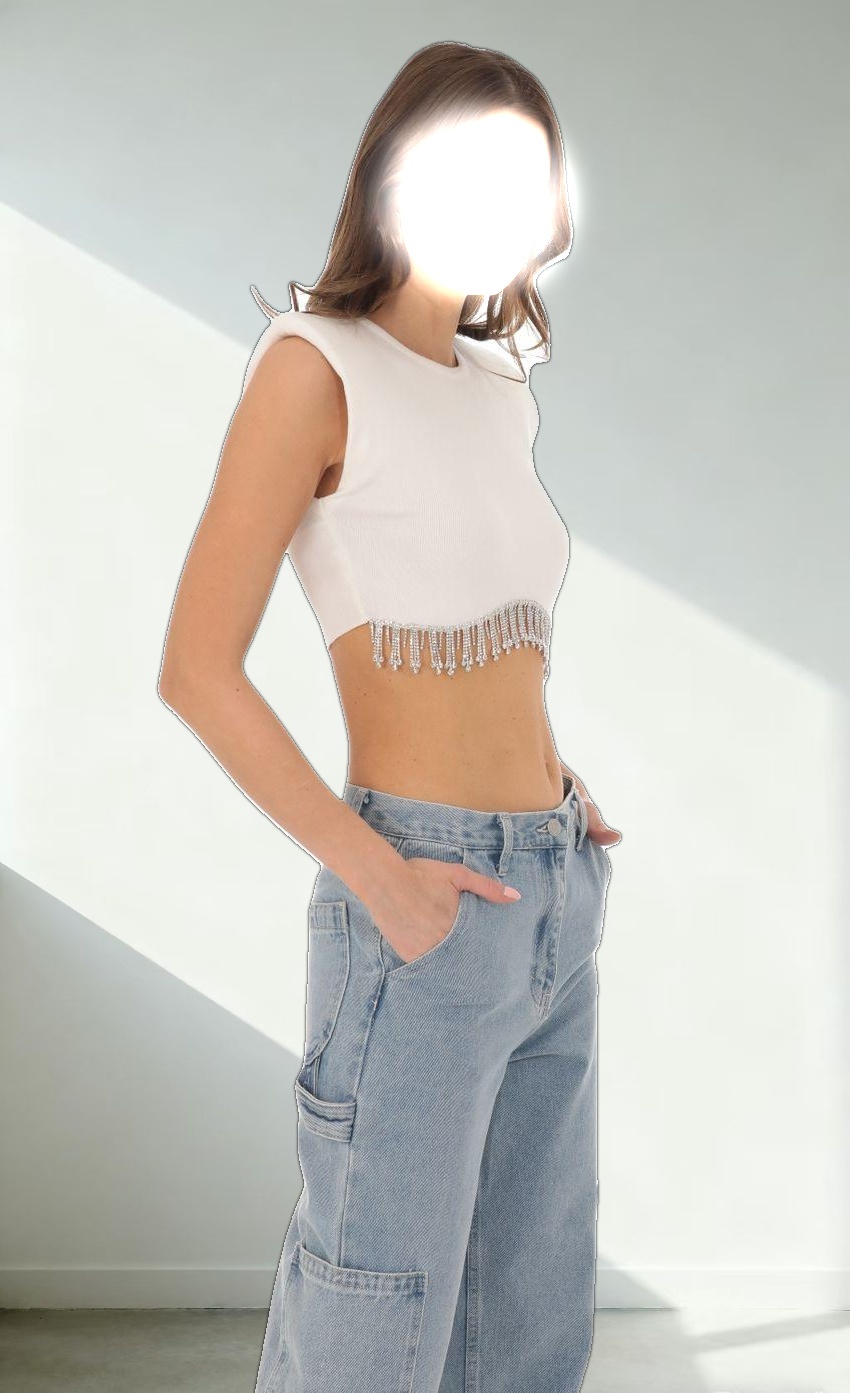 Rhinestone Fringe Knit Top in White