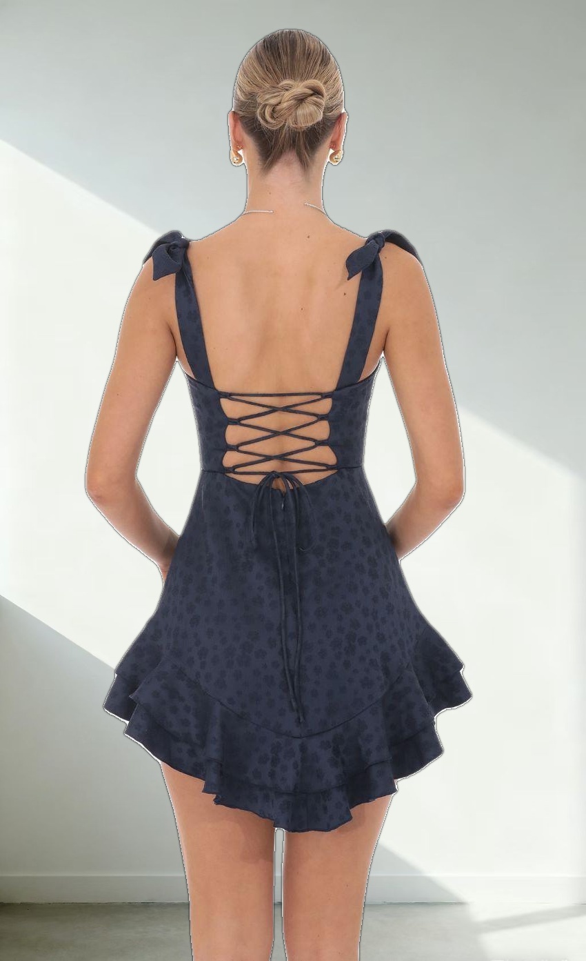 Floral Jacquard Ruffle A-line Dress in Navy