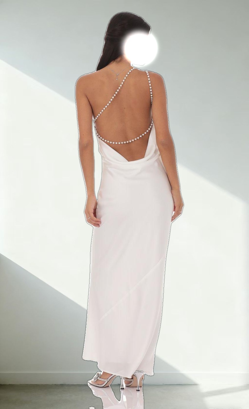 One Shoulder Pearl Satin Maxi Dress in White