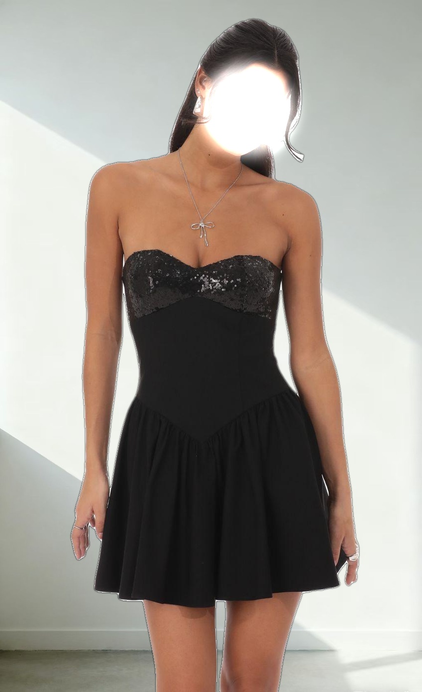 Sequin Strapless Fit and Flare Dress in Black