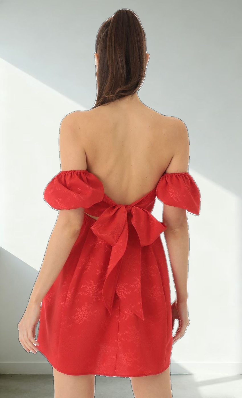 Jacquard Puff Sleeve Baby Doll Dress in Red