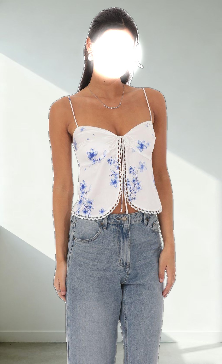 Satin Floral Front Tie Top in White