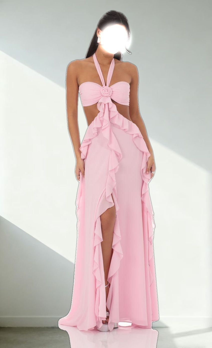 Chiffon Cutout Ruffle Maxi Dress in Pink