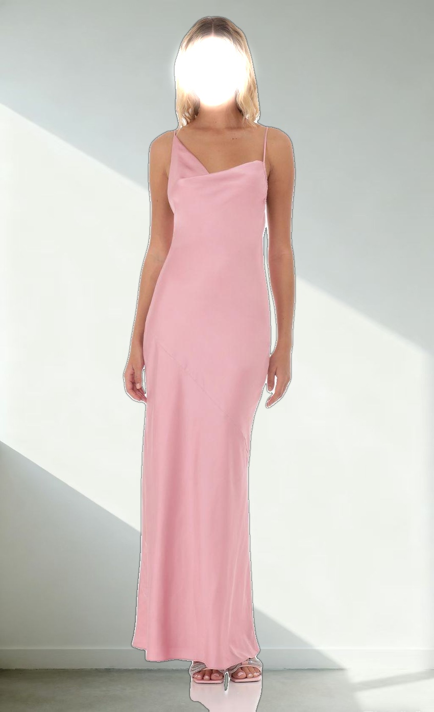 Satin Asymmetrical Cowl Neck Maxi Dress in Pink