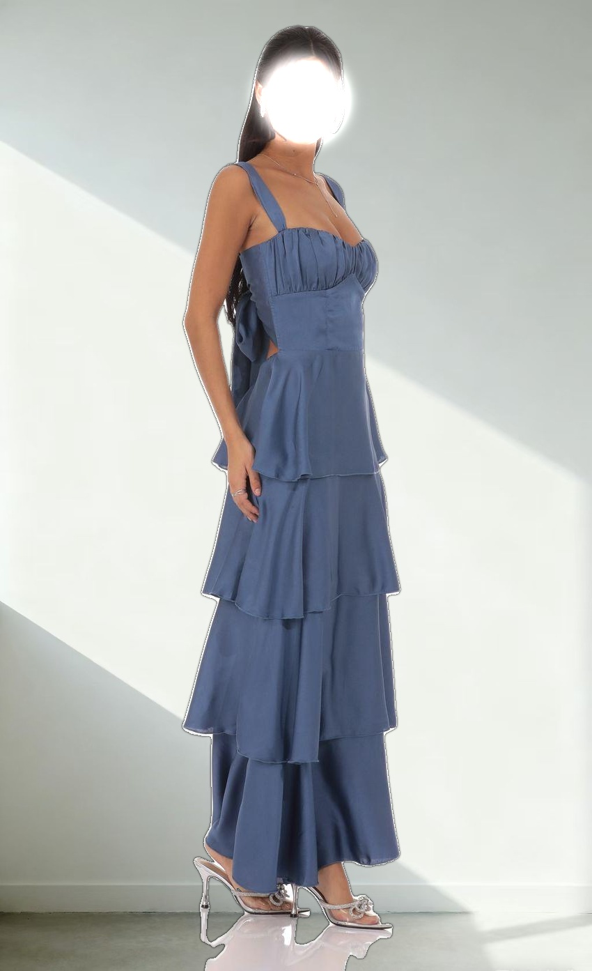 Satin Ruffle Maxi Dress in Slate Blue
